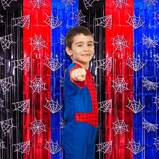 Alt view image 2 of 7 - Spider Web Birthday Decorations, 2 Pack Tinsel Foil Fringe Curtains Spider Party Supplies, 3.3x6.6ft Red Black and Blue Photo Booth Prop Backdrop Streamer, Party Birthday Decor for Boys