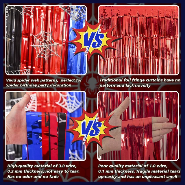 Alt view image 4 of 7 - Spider Web Birthday Decorations, 2 Pack Tinsel Foil Fringe Curtains Spider Party Supplies, 3.3x6.6ft Red Black and Blue Photo Booth Prop Backdrop Streamer, Party Birthday Decor for Boys