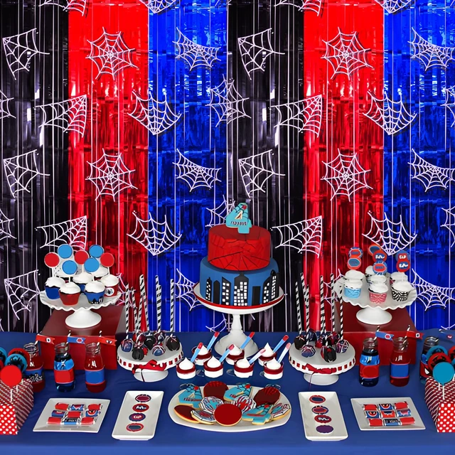 Alt view image 3 of 7 - Spider Web Birthday Decorations, 2 Pack Tinsel Foil Fringe Curtains Spider Party Supplies, 3.3x6.6ft Red Black and Blue Photo Booth Prop Backdrop Streamer, Party Birthday Decor for Boys