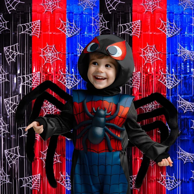 Alt view image 6 of 7 - Spider Web Birthday Decorations, 2 Pack Tinsel Foil Fringe Curtains Spider Party Supplies, 3.3x6.6ft Red Black and Blue Photo Booth Prop Backdrop Streamer, Party Birthday Decor for Boys