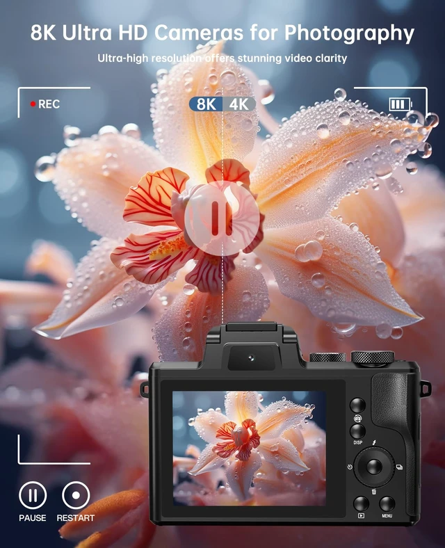 Alt view image 2 of 7 - 8K Digital Cameras for Photography, 88MP WiFi Professional Photography Camera with Dual-Lens for YouTube, 16X Zoom, Autofocus, SD Card, Lens Hood, Touch Screen, 2 Batteries & Charging Stand