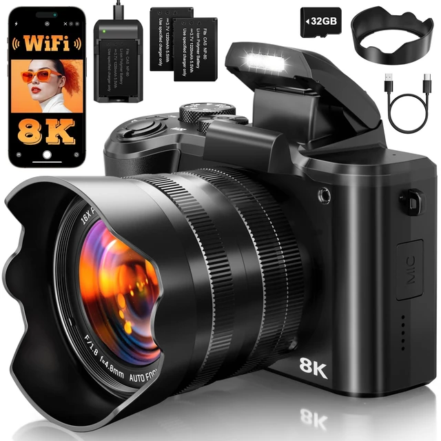 Main image of 8K Digital Cameras for Photography, 88MP WiFi Professional Photography Camera with Dual-Lens for YouTube, 16X Zoom, Autofocus, SD Card, Lens Hood, Touch Screen, 2 Batteries & Charging Stand