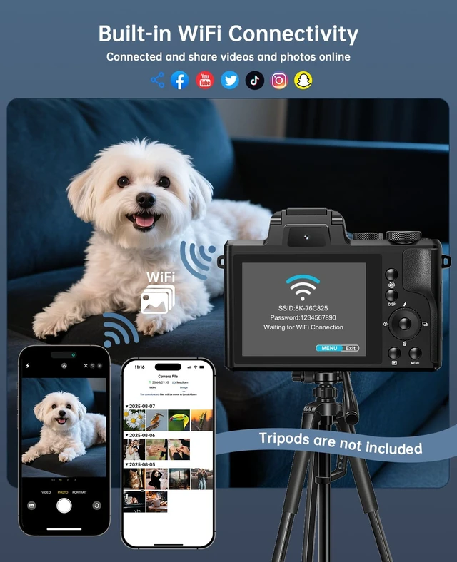 Alt view image 5 of 7 - 8K Digital Cameras for Photography, 88MP WiFi Professional Photography Camera with Dual-Lens for YouTube, 16X Zoom, Autofocus, SD Card, Lens Hood, Touch Screen, 2 Batteries & Charging Stand