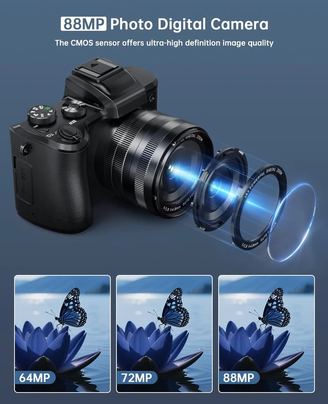 Alt view image 3 of 7 - 8K Digital Cameras for Photography, 88MP WiFi Professional Photography Camera with Dual-Lens for YouTube, 16X Zoom, Autofocus, SD Card, Lens Hood, Touch Screen, 2 Batteries & Charging Stand