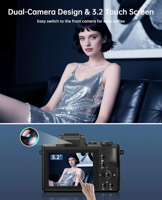 Alt view image 4 of 7 - 8K Digital Cameras for Photography, 88MP WiFi Professional Photography Camera with Dual-Lens for YouTube, 16X Zoom, Autofocus, SD Card, Lens Hood, Touch Screen, 2 Batteries & Charging Stand