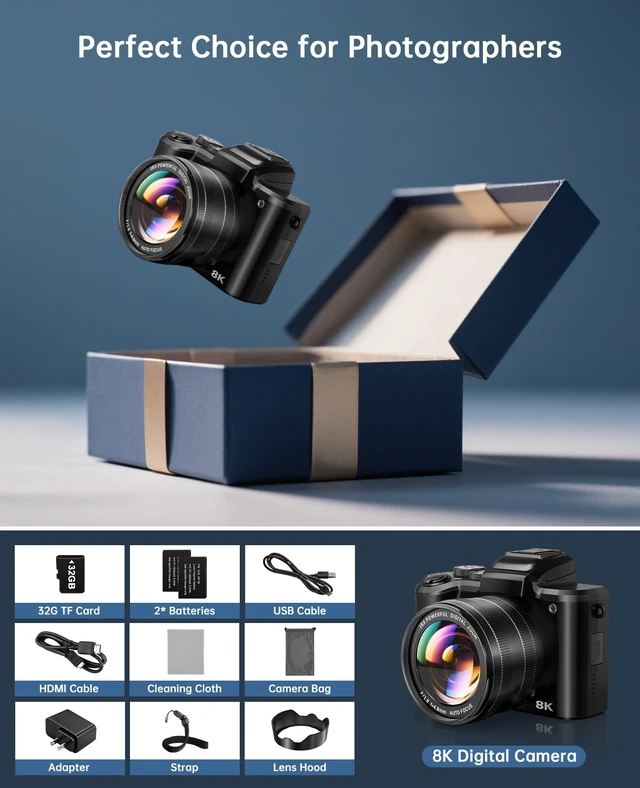 Alt view image 7 of 7 - 8K Digital Cameras for Photography, 88MP WiFi Professional Photography Camera with Dual-Lens for YouTube, 16X Zoom, Autofocus, SD Card, Lens Hood, Touch Screen, 2 Batteries & Charging Stand