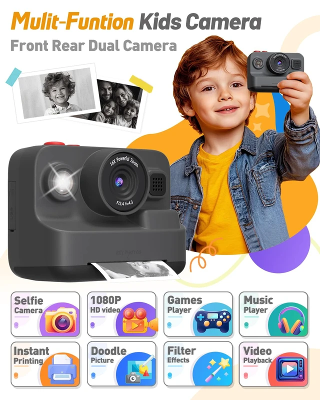 Alt view image 2 of 6 - Kids Camera Instant Print, Dual-Lens Selfie Camera for Kids, Black Christmas Birthday Gifts Toys for 3-12 Year Old Boys Girls, 2.4in Screen 1080P Kid Digital Camera,Kids Camera Toy for 3-12