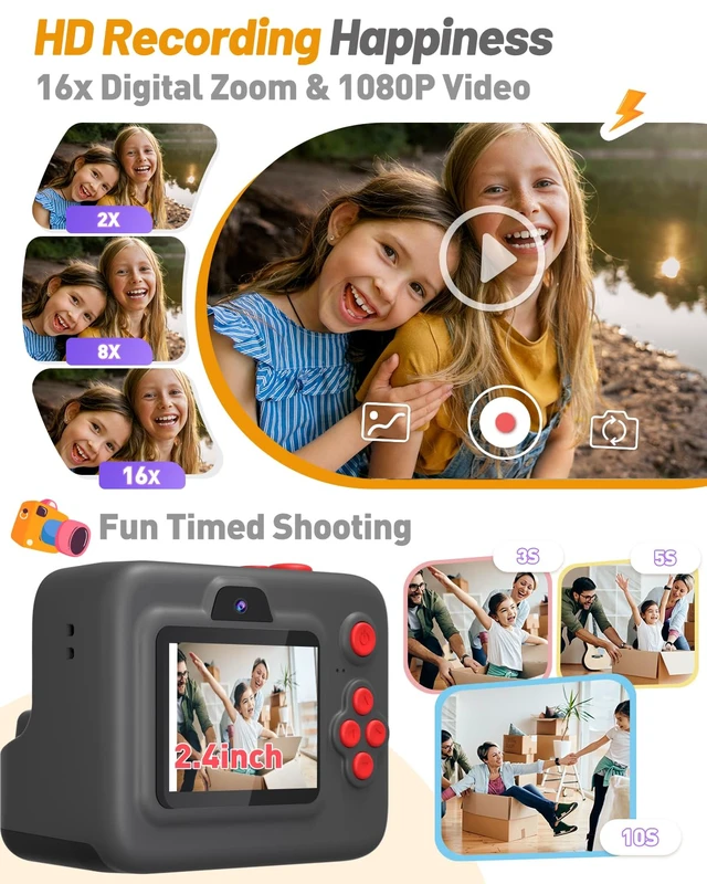 Alt view image 3 of 6 - Kids Camera Instant Print, Dual-Lens Selfie Camera for Kids, Black Christmas Birthday Gifts Toys for 3-12 Year Old Boys Girls, 2.4in Screen 1080P Kid Digital Camera,Kids Camera Toy for 3-12