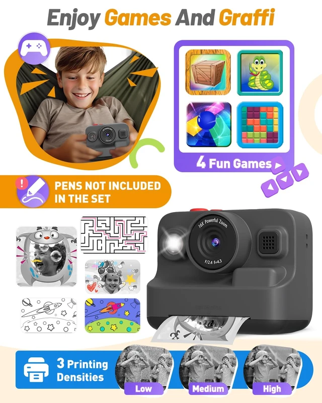 Alt view image 5 of 6 - Kids Camera Instant Print, Dual-Lens Selfie Camera for Kids, Black Christmas Birthday Gifts Toys for 3-12 Year Old Boys Girls, 2.4in Screen 1080P Kid Digital Camera,Kids Camera Toy for 3-12