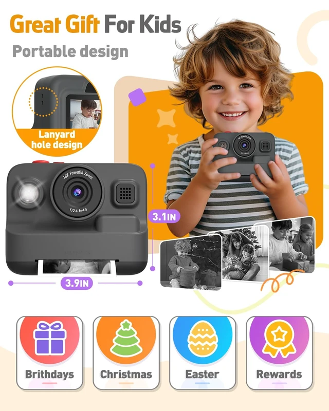 Alt view image 6 of 6 - Kids Camera Instant Print, Dual-Lens Selfie Camera for Kids, Black Christmas Birthday Gifts Toys for 3-12 Year Old Boys Girls, 2.4in Screen 1080P Kid Digital Camera,Kids Camera Toy for 3-12