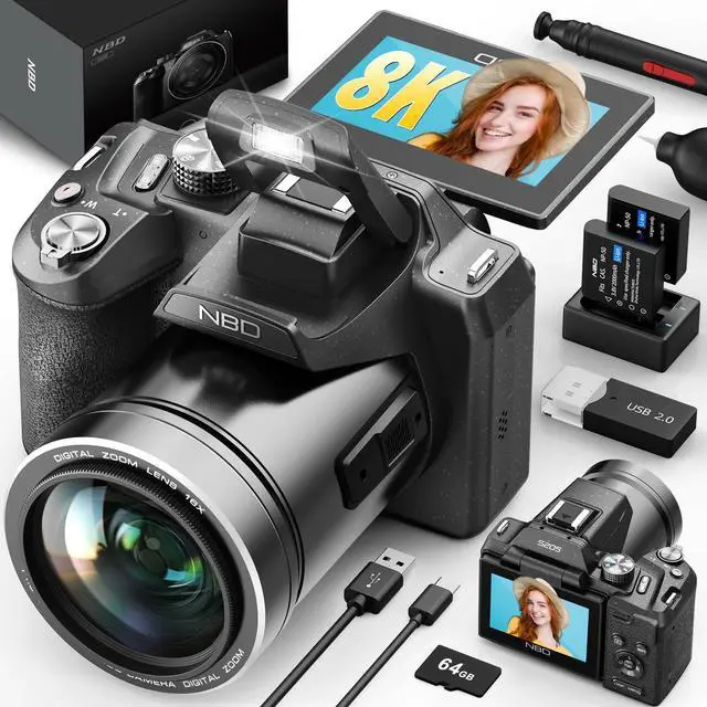 Main image of 8K 64MP Digital Cameras for Photography, Autofocus & Anti-Shake, 16X Zoom, WiFi, with 180° Flip Screen, 64GB TF Card & 2 Batteries, Professional Camera for YouTube Vlogging Live Streaming (Black)
