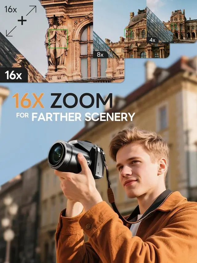 Alt view image 3 of 7 - 8K 64MP Digital Cameras for Photography, Autofocus & Anti-Shake, 16X Zoom, WiFi, with 180° Flip Screen, 64GB TF Card & 2 Batteries, Professional Camera for YouTube Vlogging Live Streaming (Black)