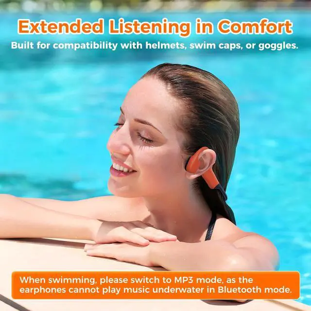 Alt view image 5 of 7 - Full-Coverage Liquid Silicone Swimming Headphones, IP68 Waterproof Underwater Headphones, Bluetooth 6.0&MP3 with 32GB Memory Card, Soft/Skin-Comfortable Open Ear Bone Conduction Swim Earbuds(Carrot