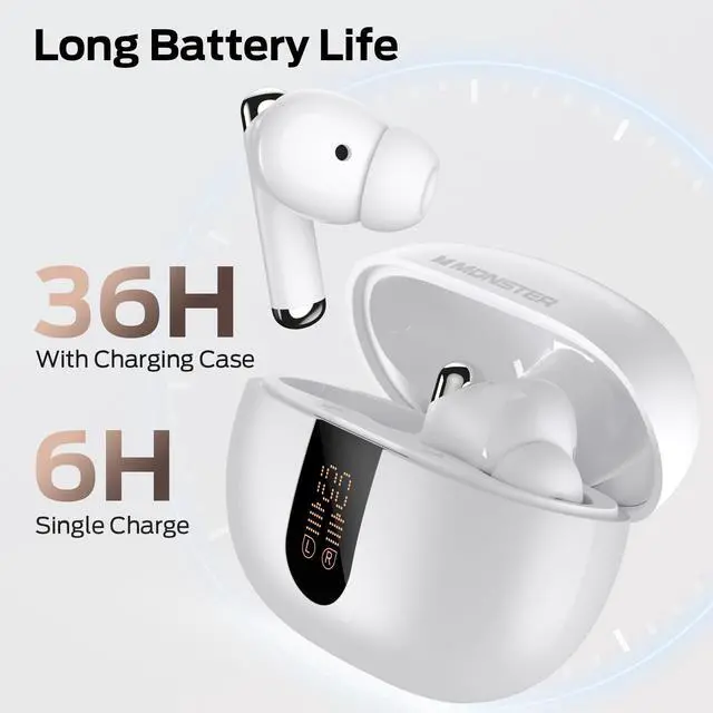 Alt view image 4 of 7 - N-Lite 211 Wireless Earbuds, Bluetooth 6.0 Stereo Headphones with Powerful Bass, Built-in Noise-Cancelling Mic for Clear Calls, LED Display, 36H Playtime, IPX5 Waterproof Design for Sports