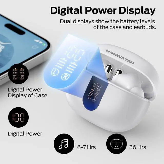 Alt view image 5 of 7 - N-Lite 211 Wireless Earbuds, Bluetooth 6.0 Stereo Headphones with Powerful Bass, Built-in Noise-Cancelling Mic for Clear Calls, LED Display, 36H Playtime, IPX5 Waterproof Design for Sports