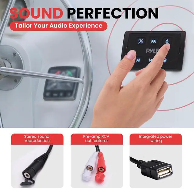 Alt view image 5 of 7 - Marine Bluetooth Receiver and Audio Controller Kit, Wireless Bluetooth Adapter for Stereo with IPX6 Mic, AUX/USB Input, Audio Transmitter and Receiver for Boats, UTVs, and ATVs, 3.8x2.2x1.9