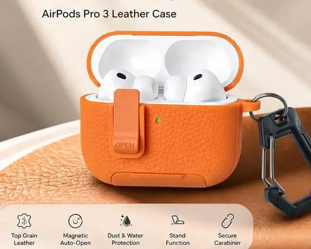 Alt view image 4 of 7 - for Leather AirPods Pro 3 Case 2025 | Retro Air Pods Pro 3 Case with Magnetic Lock | with Phone Holder & Keychain | Airpods 3 Pro Cases Cover for Man Women(Model A2700/A2931)(Orange)