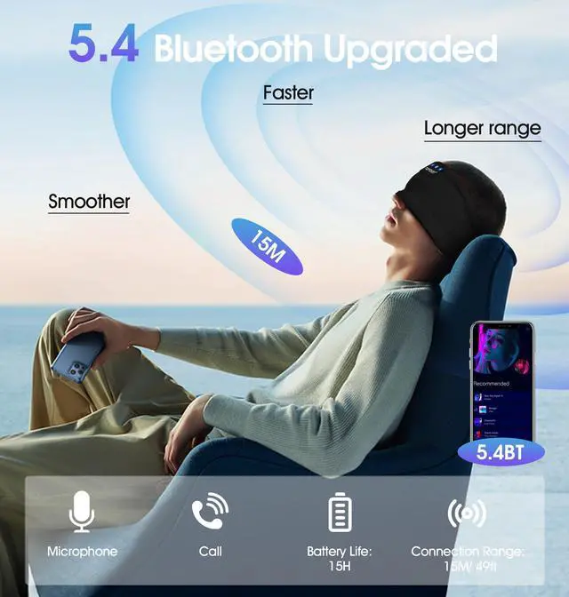 Alt view image 3 of 7 - Sleep Headphones Headband Bluetooth 5.4, Sports Headband Earphones Sleeping Bluetooth Wireless with USB C for Women Men Sports Gifts Workout Jogging Yoga Insomnia Air Travel Meditation