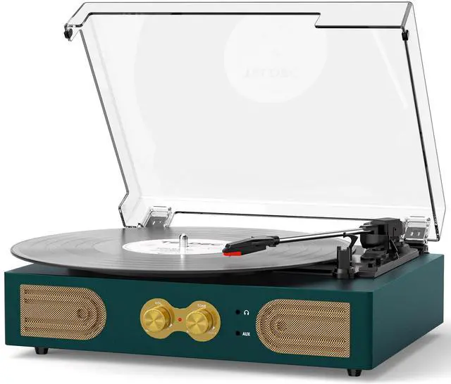 Main image of Vinyl Record Player with Built-in Speakers, Vintage 3-Speed Turntable, Bass/Treble Control, Headphone Jack, RCA/AUX Outputs, Belt-Driven LP Player, Green