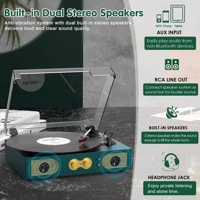 Alt view image 2 of 7 - Vinyl Record Player with Built-in Speakers, Vintage 3-Speed Turntable, Bass/Treble Control, Headphone Jack, RCA/AUX Outputs, Belt-Driven LP Player, Green