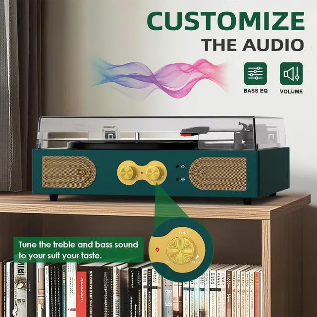 Alt view image 5 of 7 - Vinyl Record Player with Built-in Speakers, Vintage 3-Speed Turntable, Bass/Treble Control, Headphone Jack, RCA/AUX Outputs, Belt-Driven LP Player, Green