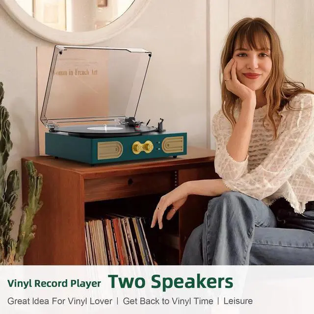 Alt view image 6 of 7 - Vinyl Record Player with Built-in Speakers, Vintage 3-Speed Turntable, Bass/Treble Control, Headphone Jack, RCA/AUX Outputs, Belt-Driven LP Player, Green