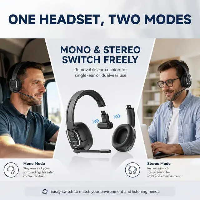 Alt view image 2 of 7 - Trucker Bluetooth Headset with Flexible Boom Mic for Work | Trucker Headset with Single & Dual Ear, 35Hrs Battery Life, Clear Mic Wireless Headset for Truck Driver, Office & Remote Work