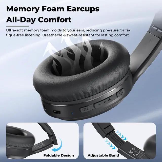 Alt view image 5 of 7 - Headphones Wireless Over Ear, 70 Hours Playtime Bluetooth Headphones Built-in Microphone, Foldable Lightweight Headset with Bluetooth 5.4, HiFi Stereo Sound for PC Cellphone Travel Office (Black)