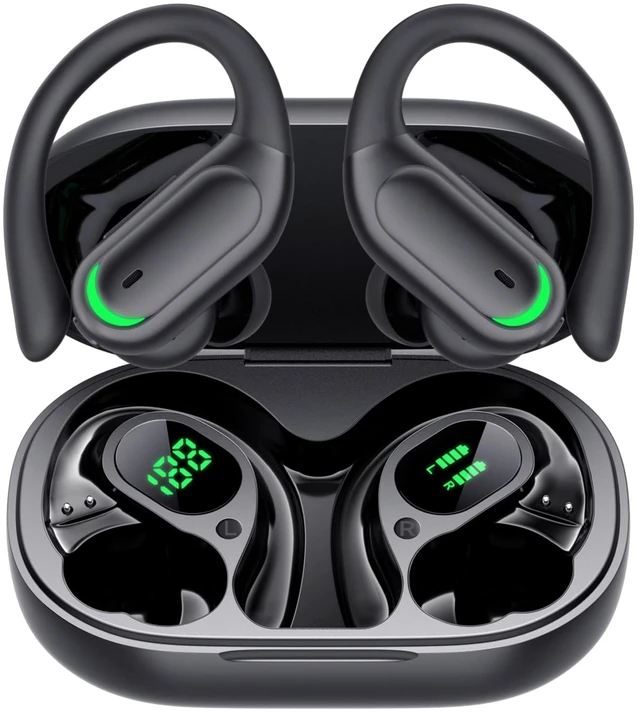 Main image of Wireless Earbuds 96H Bluetooth 5.4 Sport Headphones with Earhooks, Black IP7 Waterproof In-Ear Buds with ENC Noise Cancelling Mic, Dual LED Display Case & Hi-Fi Deep Bass for Gym Workouts