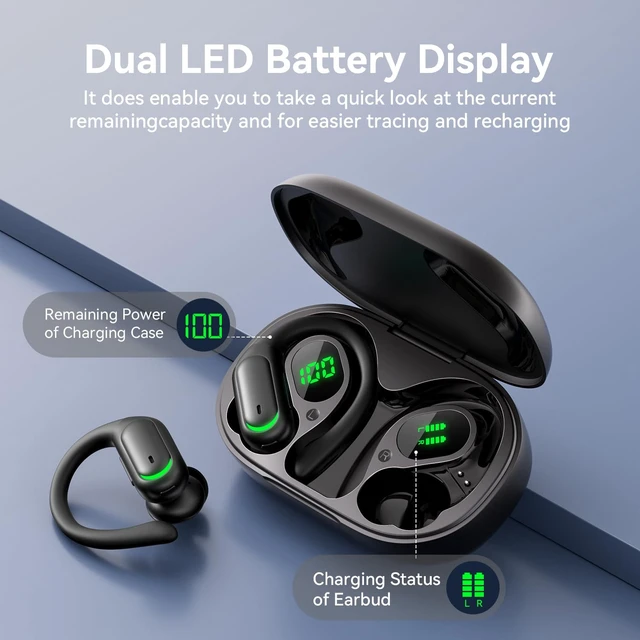 Alt view image 2 of 7 - Wireless Earbuds 96H Bluetooth 5.4 Sport Headphones with Earhooks, Black IP7 Waterproof In-Ear Buds with ENC Noise Cancelling Mic, Dual LED Display Case & Hi-Fi Deep Bass for Gym Workouts