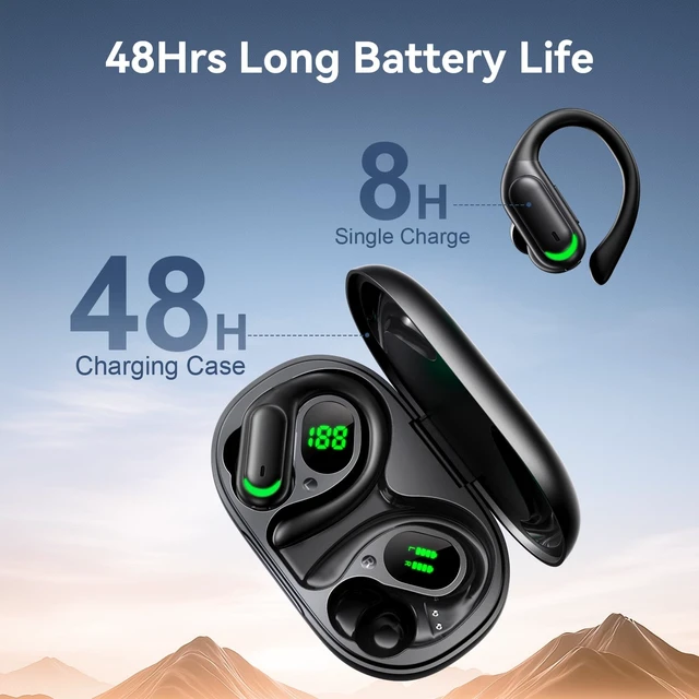 Alt view image 4 of 7 - Wireless Earbuds 96H Bluetooth 5.4 Sport Headphones with Earhooks, Black IP7 Waterproof In-Ear Buds with ENC Noise Cancelling Mic, Dual LED Display Case & Hi-Fi Deep Bass for Gym Workouts