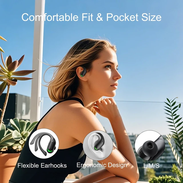 Alt view image 5 of 7 - Wireless Earbuds 96H Bluetooth 5.4 Sport Headphones with Earhooks, Black IP7 Waterproof In-Ear Buds with ENC Noise Cancelling Mic, Dual LED Display Case & Hi-Fi Deep Bass for Gym Workouts