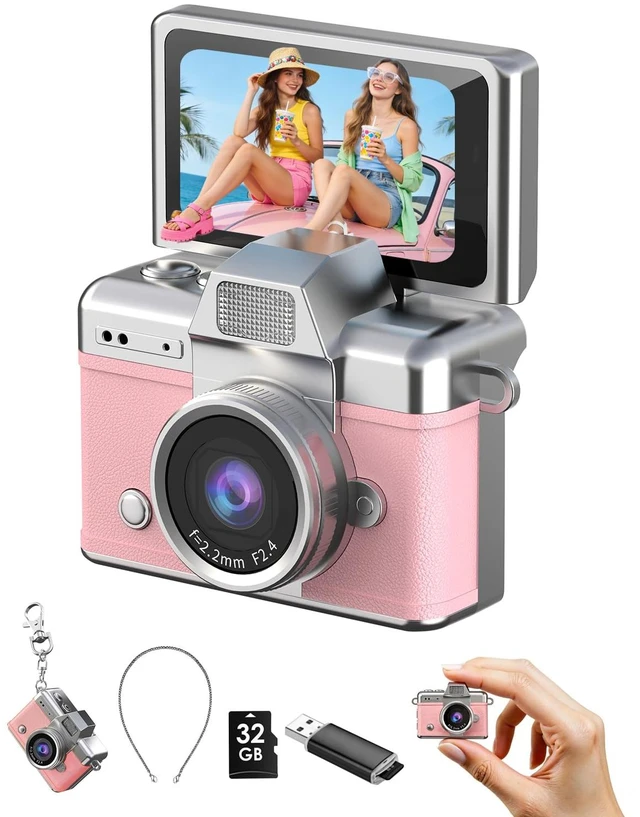 Main image of Mini Keychain Camera, 1080P Portable Digital Camera with 1.47 Flip LCD & Flash, Retro Collectible Pocket Camera for Travel, Parties, Birthday(Pink32GB)
