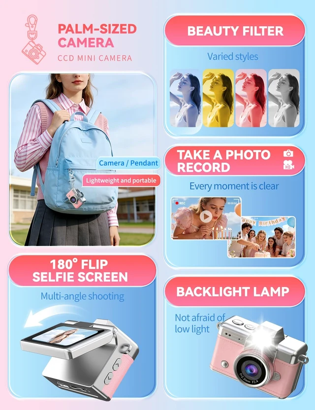 Alt view image 5 of 7 - DollRank Mini Keychain Camera, 1080P Portable Digital Camera with 1.47 Flip LCD & Flash, Retro Collectible Pocket Camera for Travel, Parties, Birthday(Blue32GB)