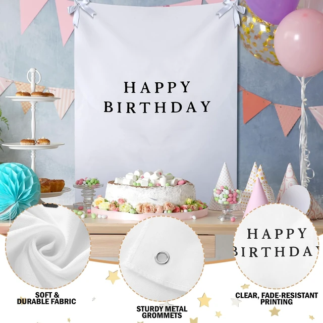 Alt view image 5 of 7 - 29x39 Inch Happy Birthday Banner Burlap Happy Birthday Backdrop Fabric Birthday-Party Decorations, Boho Rustic Photo Props Sign with Hanging String for Indoor Outdoor Yard Wall Decor