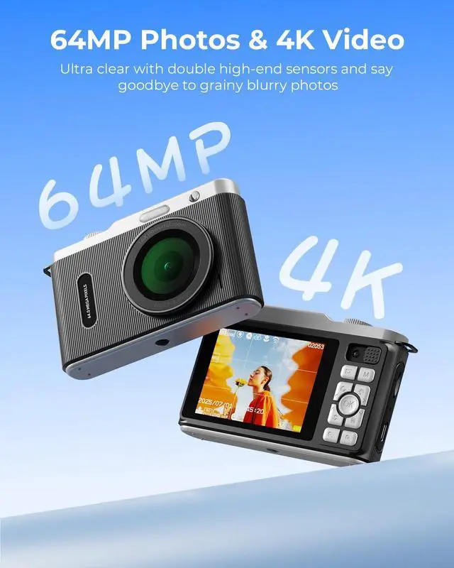 Alt view image 2 of 7 - WiFi Digital Camera for Kids with Switching Dual Lens, 64MP 4K Point and Shoot Camera with 32GB Card, 16X Zoom, Anti Shake, Portable Compact Cameras for Teens Girl Boy Kids Starter Black