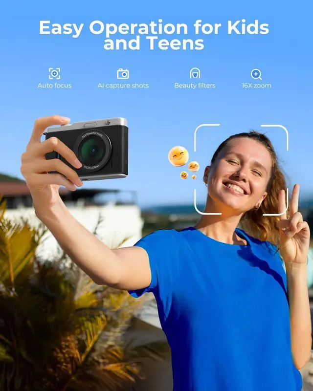 Alt view image 3 of 7 - WiFi Digital Camera for Kids with Switching Dual Lens, 64MP 4K Point and Shoot Camera with 32GB Card, 16X Zoom, Anti Shake, Portable Compact Cameras for Teens Girl Boy Kids Starter Black