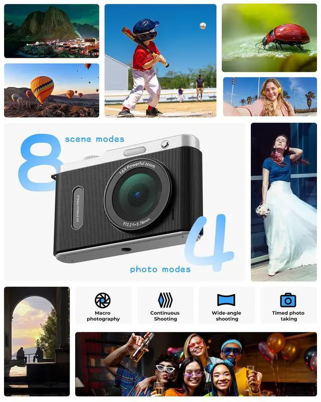 Alt view image 4 of 7 - WiFi Digital Camera for Kids with Switching Dual Lens, 64MP 4K Point and Shoot Camera with 32GB Card, 16X Zoom, Anti Shake, Portable Compact Cameras for Teens Girl Boy Kids Starter Black
