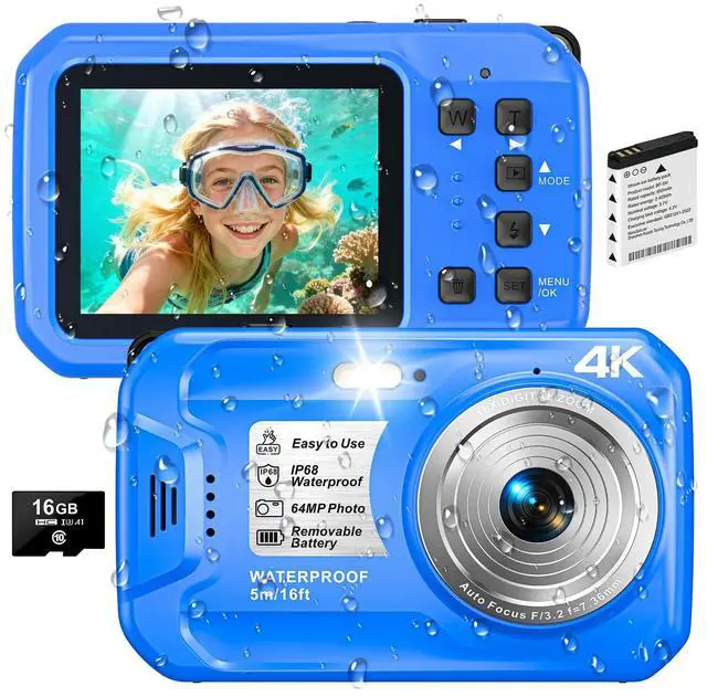 Main image of 4K Underwater Camera, 64MP 16FT Compact Waterproof Camera with 16GB Card | Floatable Digital Camera, 16X Digital Zoom, Auto Focus, Fill Light, 650mAh Battery, Ideal for Travel, Surfing, Swimming