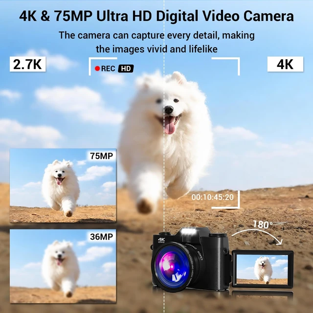 Alt view image 2 of 7 - 4K Digital Camera for Photography, 75MP WiFi Vlogging Camera for YouTube, 3" 180° Flip Screen Point and Shoot Camera with 64GB SD Card, 2 Batteries, Compact Travel Camera for Beginners