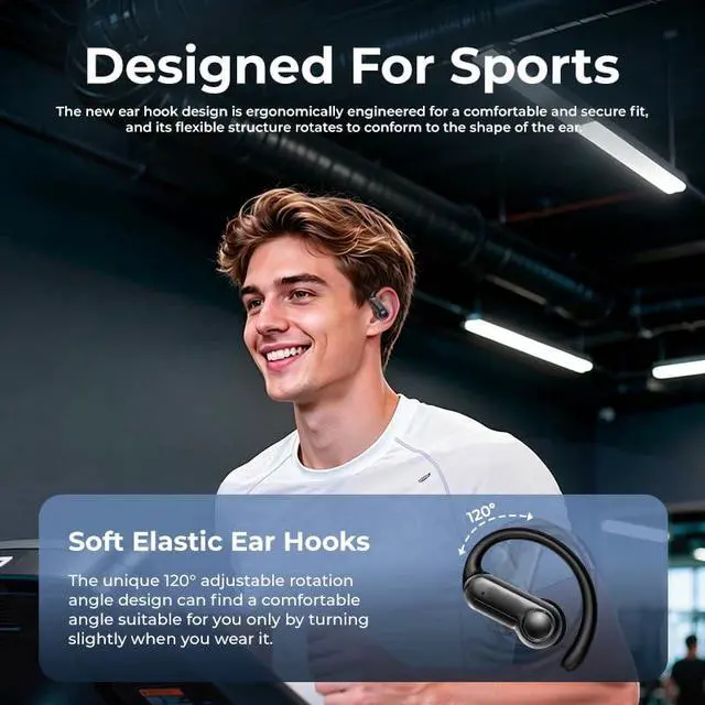 Alt view image 2 of 7 - Open Ear Earbuds Bluetooth 6.0 Headphones 60hrs Playtime Wireless Earbuds with Touchscreen Charging Case Hi-Fi Stereo Over Ear Headphones Noise Cancelling 5EQ IPX7 Waterproof for Running/Workout/Gym