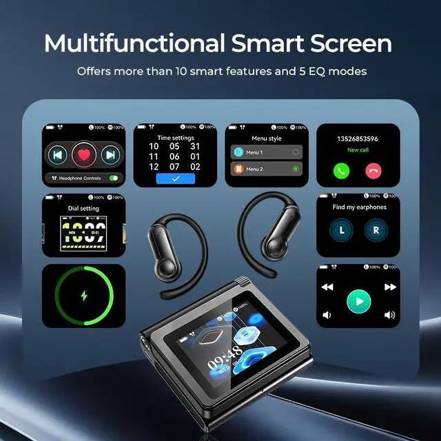 Alt view image 3 of 7 - Open Ear Earbuds Bluetooth 6.0 Headphones 60hrs Playtime Wireless Earbuds with Touchscreen Charging Case Hi-Fi Stereo Over Ear Headphones Noise Cancelling 5EQ IPX7 Waterproof for Running/Workout/Gym