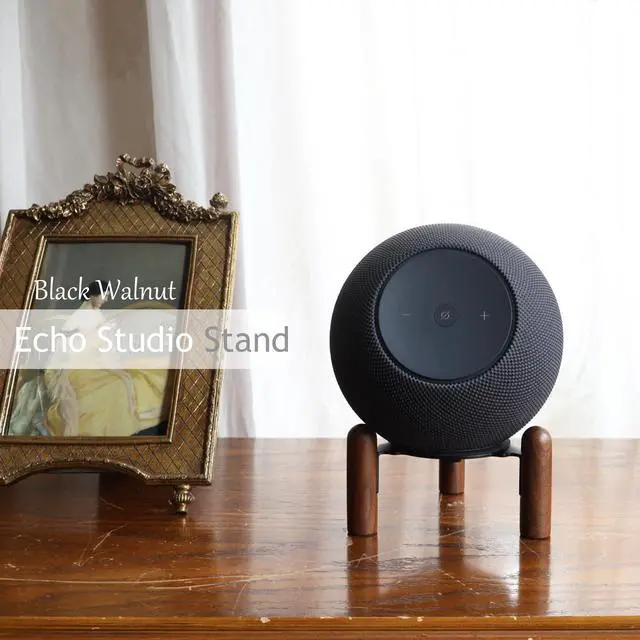 Alt view image 2 of 7 - Desk stand for 2025 new Echo studio,Black Walnut wood metal stand.Improve sound quality and hide the power cord. (Black Walnut)