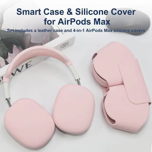 Alt view image 6 of 7 - for AirPods Max Smart Case with 4-in-1 Cover Set, Soft Leather Case with Sleep Mode for AirPods Max Headphones(2024/2020), Silicone Ear Pad/Ear Cup/Headband Covers(Up & Down), Pink