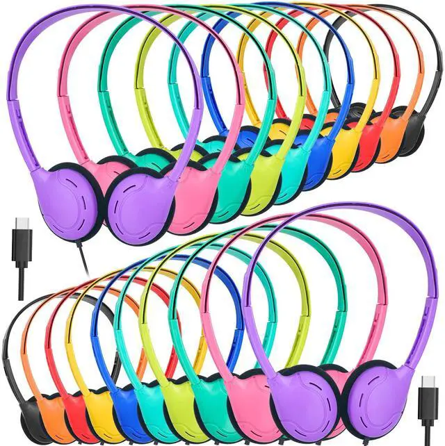 Main image of Type C Headphones Bulk for Classroom School Kids 20 Pack,USB C Wired | Headphones for School Compatible with Pad Smartphones for Boys Girls Students Travel Mixed Colors