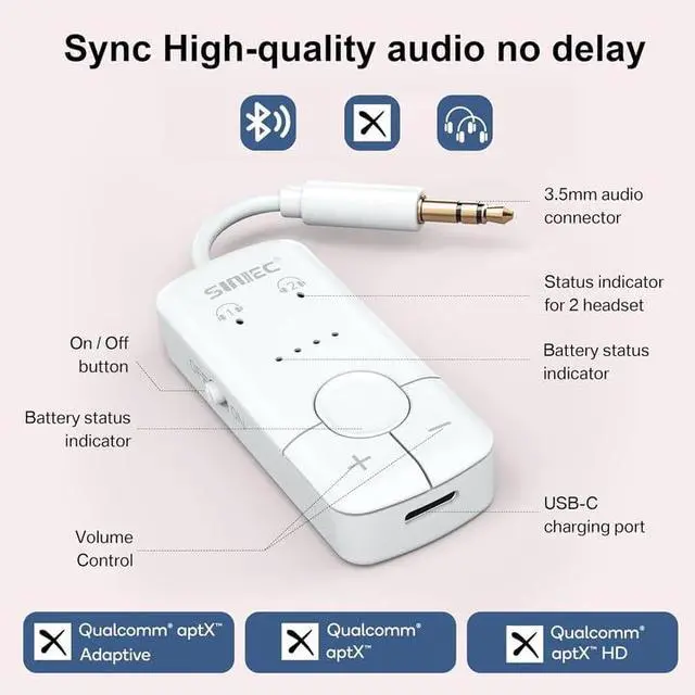 Alt view image 5 of 7 - Bluetooth 5.3 Transmitter Adapter for Airplane, Dongle for Flights | Connect 2 Headphones or Airpods, 3.5mm AUX Audio Jack Converter Plug for Airline Travel Gym, aptX Adaptive, 35Hrs Lasting