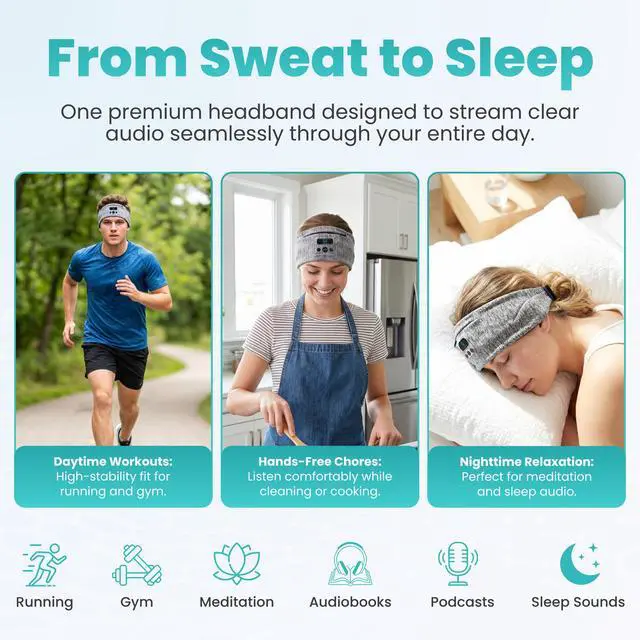 Alt view image 3 of 7 - Adjustable Wireless Comfort Headband - Bluetooth Headphones Headband for Exercise, Sleep, Travel, and Relaxation