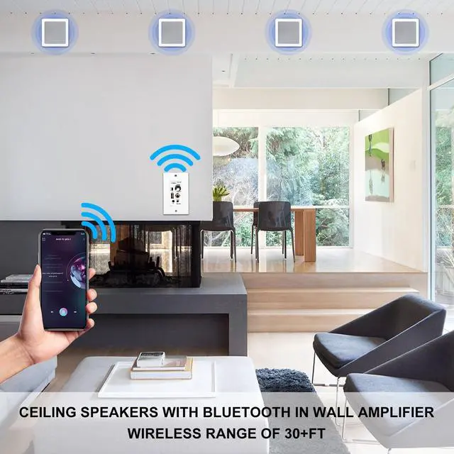 Alt view image 2 of 7 - 5.25 Inches 2-Way Bluetooth Ceiling Speakers with 4 Channel Wall Amplifier, 320W Square in Wall Speaker System for Home Theater Office Kitchen, 2 Pairs