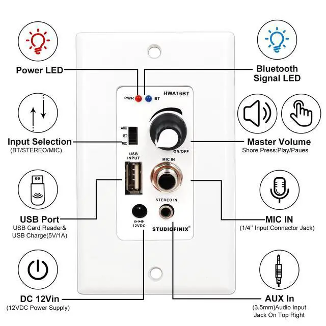 Alt view image 3 of 7 - 5.25 Inches 2-Way Bluetooth Ceiling Speakers with 4 Channel Wall Amplifier, 320W Square in Wall Speaker System for Home Theater Office Kitchen, 2 Pairs