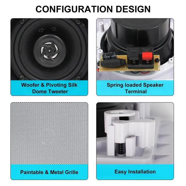 Alt view image 6 of 7 - 5.25 Inches 2-Way Bluetooth Ceiling Speakers with 4 Channel Wall Amplifier, 320W Square in Wall Speaker System for Home Theater Office Kitchen, 2 Pairs